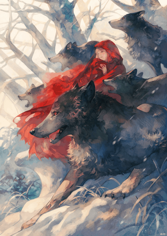 Little Red Riding Hood with a pack of wolves