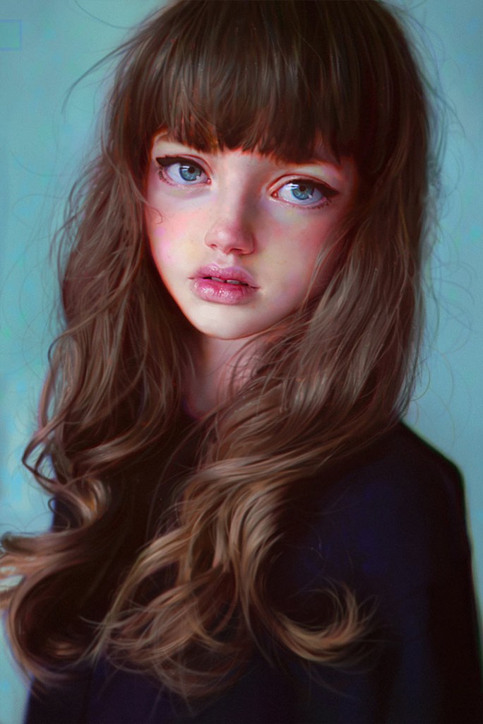 a portrait of a blue-eyed girl with long brown hair