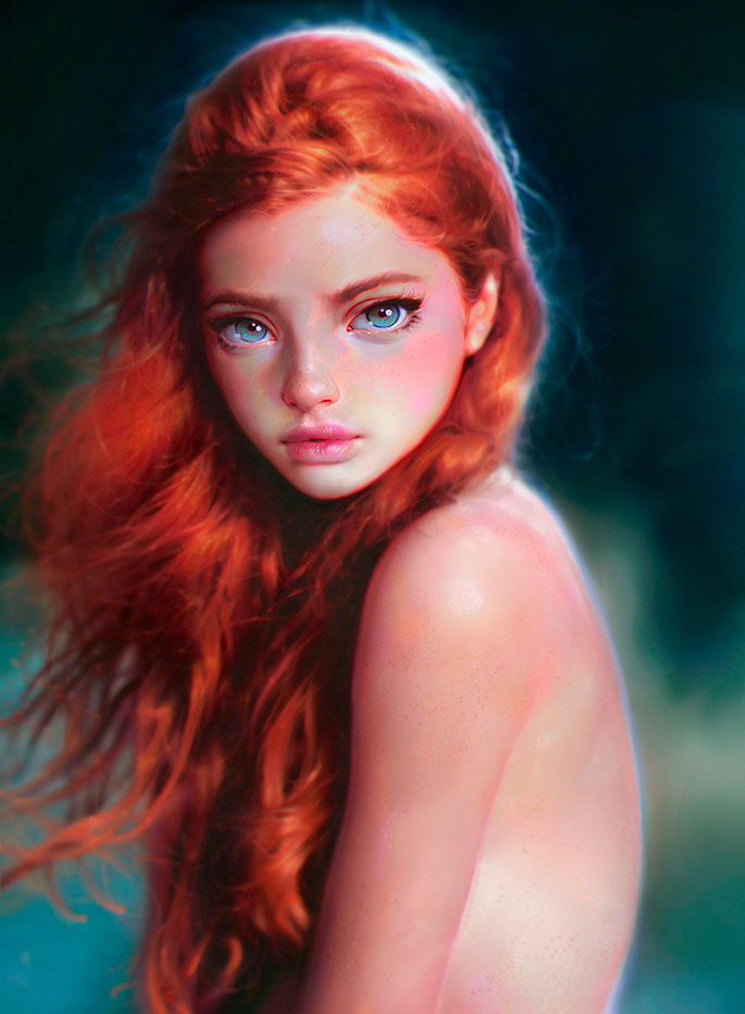 a portrait of a blue-eyed girl with red hair