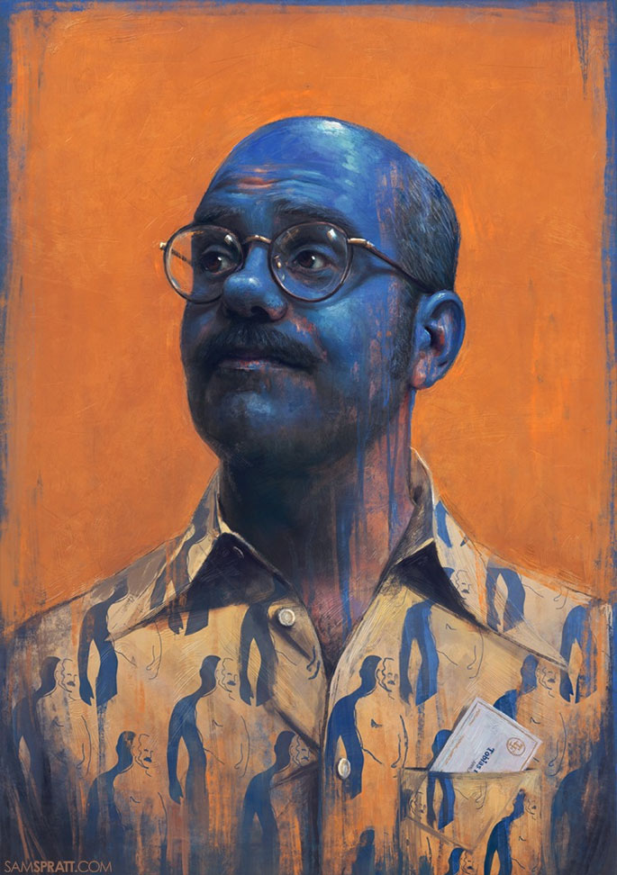 a portrait of a man with glasses and a face covered in blue paint