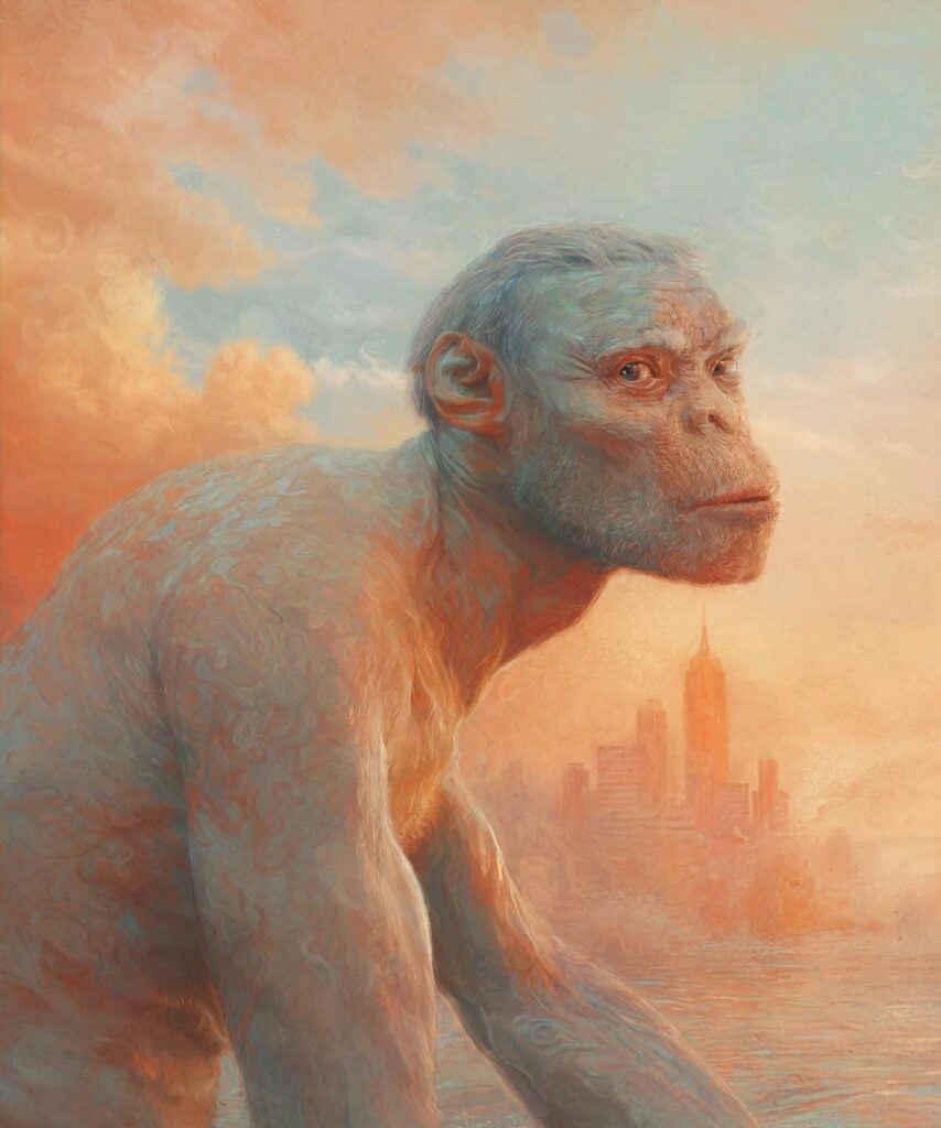 portrait of a monkey against the backdrop of a big city