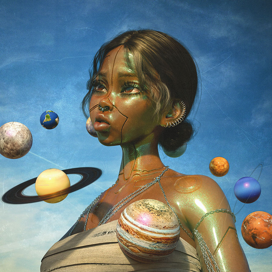 portrait of a "plastic" girl with the planets of the solar system