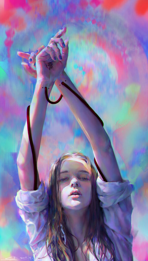 portrait of a young girl with her hands up