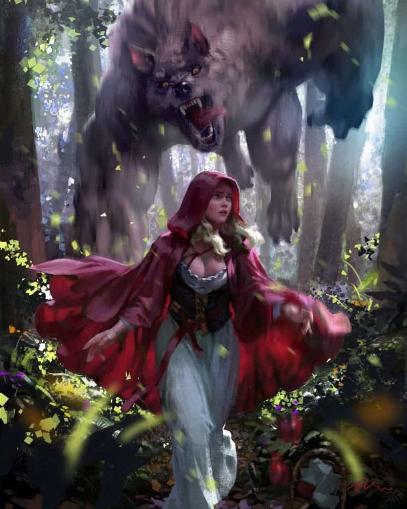 blond Little Red Riding Hood in a fantasy setting